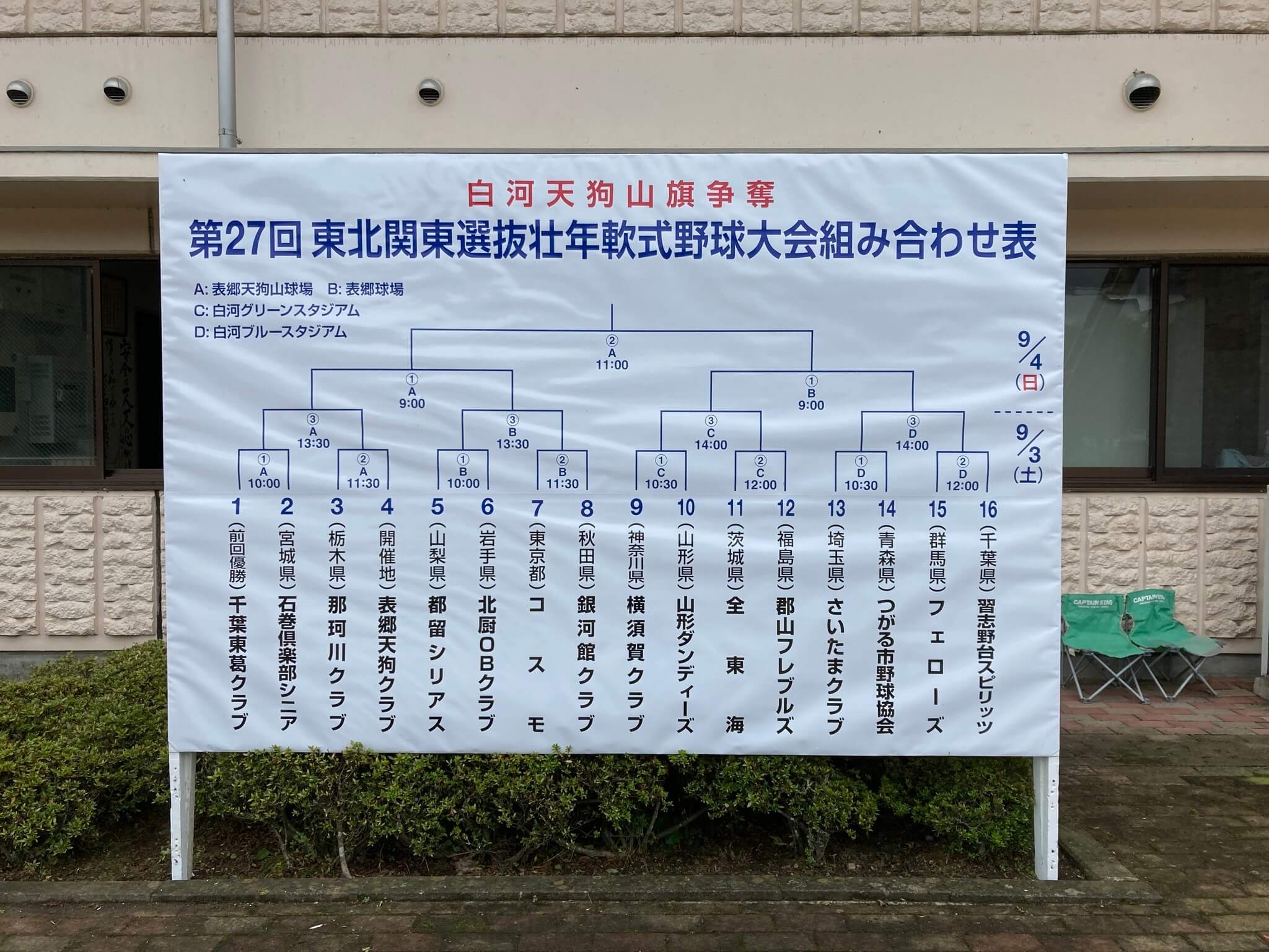 池田工芸が作製した第27回白河天狗山旗争奪野球大会組み合わせ表看板